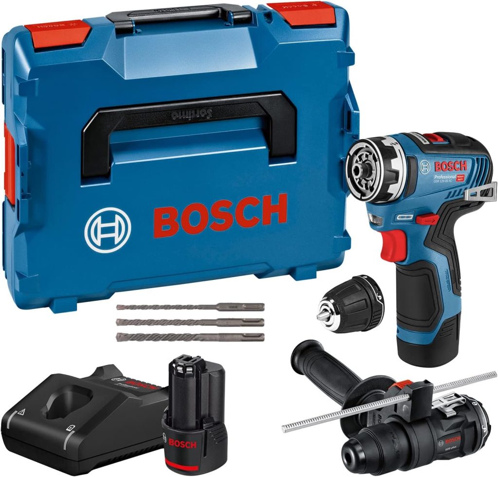 Bosch Professional 12V System GSR 12V-35 FC - Atornillador a batería (Brushless, 35 Nm, 2 cabezales FlexiClick, set accesorios, 2 baterías x 3.0 Ah, en L-BOXX) - Amazon Exclusive