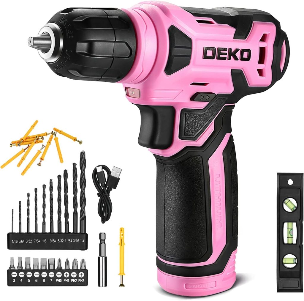 DEKOPRO Taladro Atornillador Inalámbrico 8V, con 10MM Portabrocas, LED Luz, Cable de Carga Tipo C, Accesorios 42 Piezas, Taladro Eléctrico para Perforar y Apretar/Aflojar Tornillos, Rosa