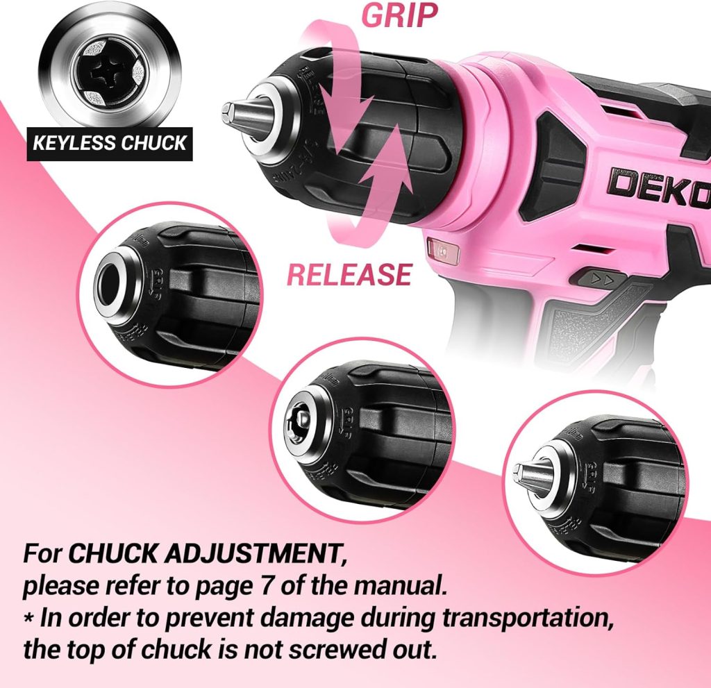 DEKOPRO Taladro Atornillador Inalámbrico 8V, con 10MM Portabrocas, LED Luz, Cable de Carga Tipo C, Accesorios 42 Piezas, Taladro Eléctrico para Perforar y Apretar/Aflojar Tornillos, Rosa