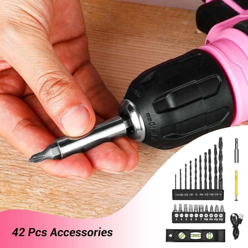 DEKOPRO Taladro Atornillador Inalámbrico 8V, con 10MM Portabrocas, LED Luz, Cable de Carga Tipo C, Accesorios 42 Piezas, Taladro Eléctrico para Perforar y Apretar/Aflojar Tornillos, Rosa
