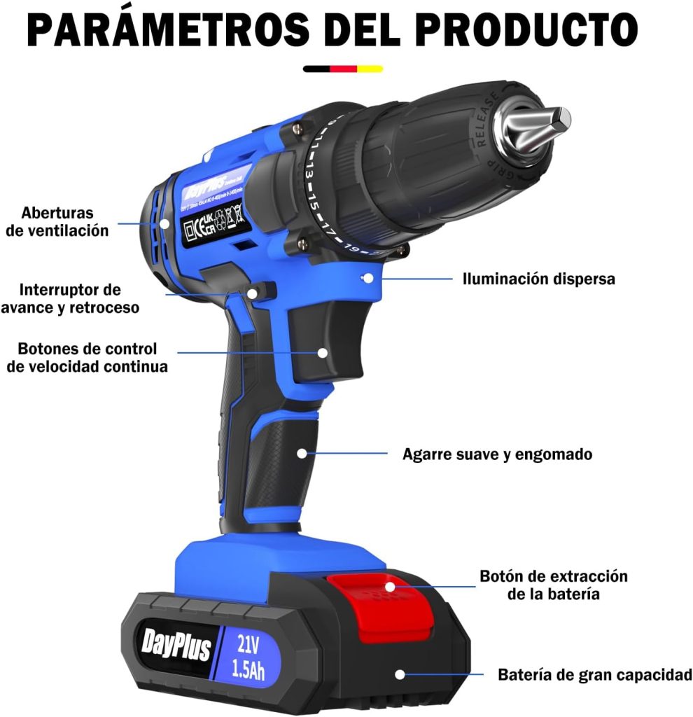 Huini Taladro Bateria 21V, Taladro Atornillador con 2 Baterías 1.5Ah, Atornillador Electrico 25+1 Ajuste de Par, Azul,45Nm, 2 Velocidad, 26Accesorios, LED Luz Para Hogar, Bricolaje