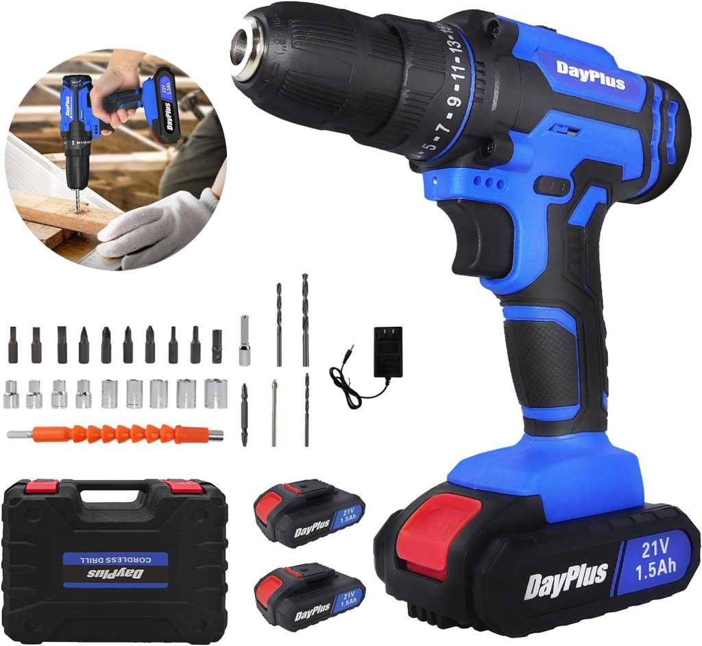 Huini Taladro Bateria 21V, Taladro Atornillador con 2 Baterías 1.5Ah, Atornillador Electrico 25+1 Ajuste de Par, Azul,45Nm, 2 Velocidad, 26Accesorios, LED Luz Para Hogar, Bricolaje