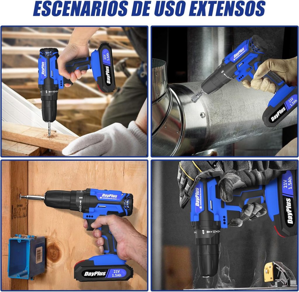 Huini Taladro Bateria 21V, Taladro Atornillador con 2 Baterías 1.5Ah, Atornillador Electrico 25+1 Ajuste de Par, Azul,45Nm, 2 Velocidad, 26Accesorios, LED Luz Para Hogar, Bricolaje