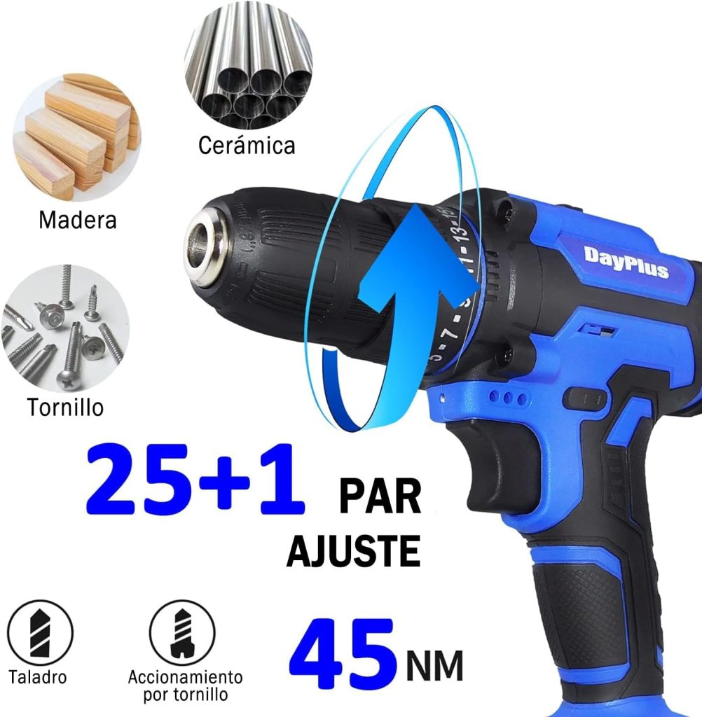 Huini Taladro Bateria 21V, Taladro Atornillador con 2 Baterías 1.5Ah, Atornillador Electrico 25+1 Ajuste de Par, Azul,45Nm, 2 Velocidad, 26Accesorios, LED Luz Para Hogar, Bricolaje