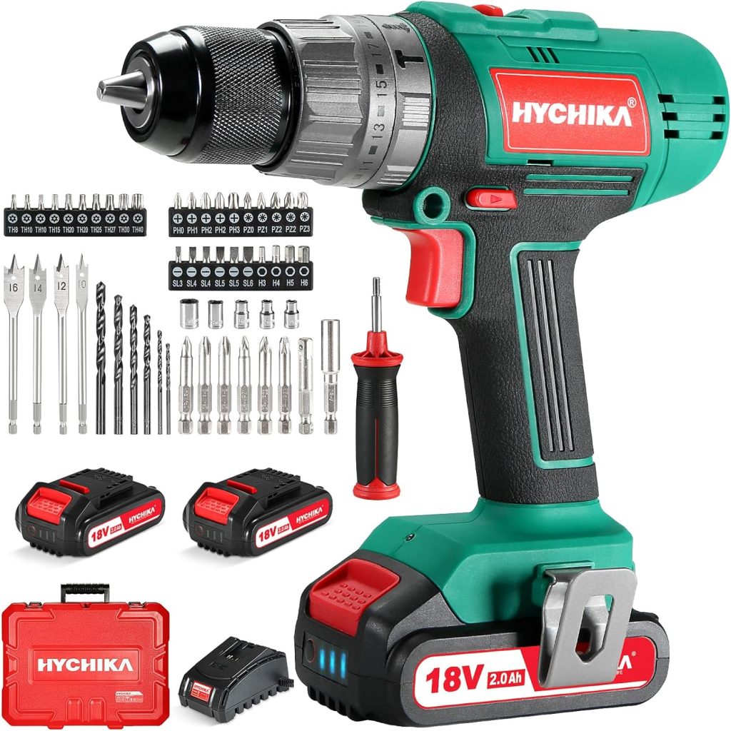 HYCHIKA Taladro Percutor Atornillador 18V 45Nm, 2×2.0Ah Baterías, 53 Accesorios, Mango Auxiliar, 21+3 Ajustes de Par, Cargador Rápido, con Caja Dura