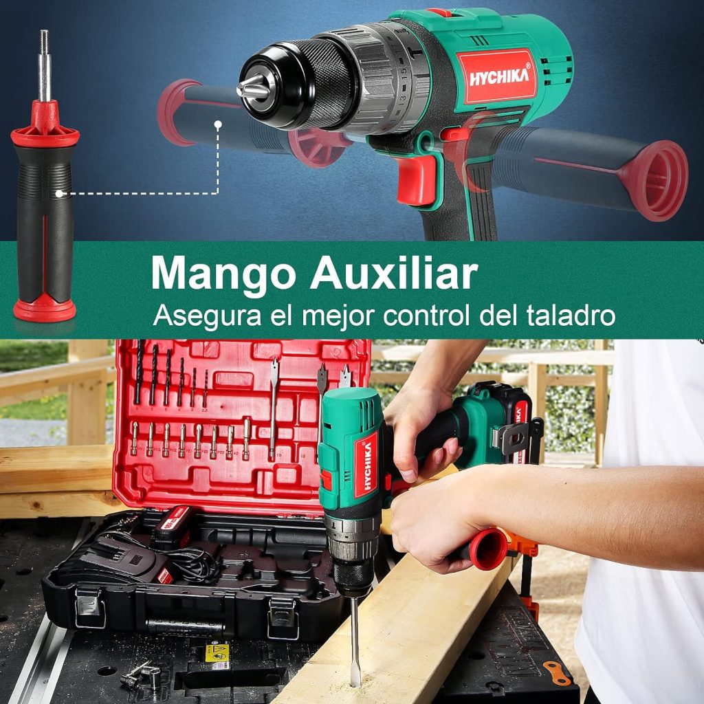 HYCHIKA Taladro Percutor Atornillador 18V 45Nm, 2×2.0Ah Baterías, 53 Accesorios, Mango Auxiliar, 21+3 Ajustes de Par, Cargador Rápido, con Caja Dura