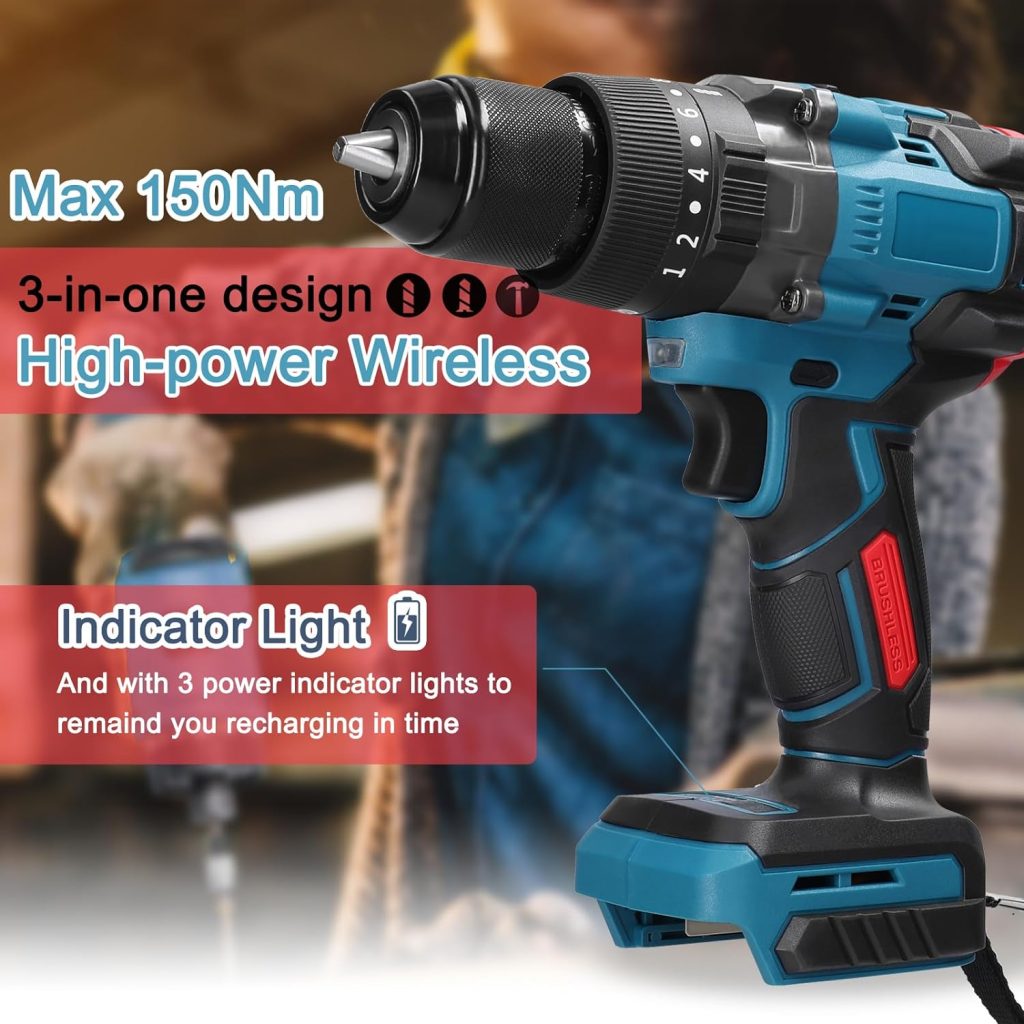 mingqian Taladro inalámbrico eléctrico multifuncional de alto par de 13 mm Taladros manuales recargables inalámbricos de alta potencia Motor sin escobillas Herramientas eléctricas de bricolaje para el
