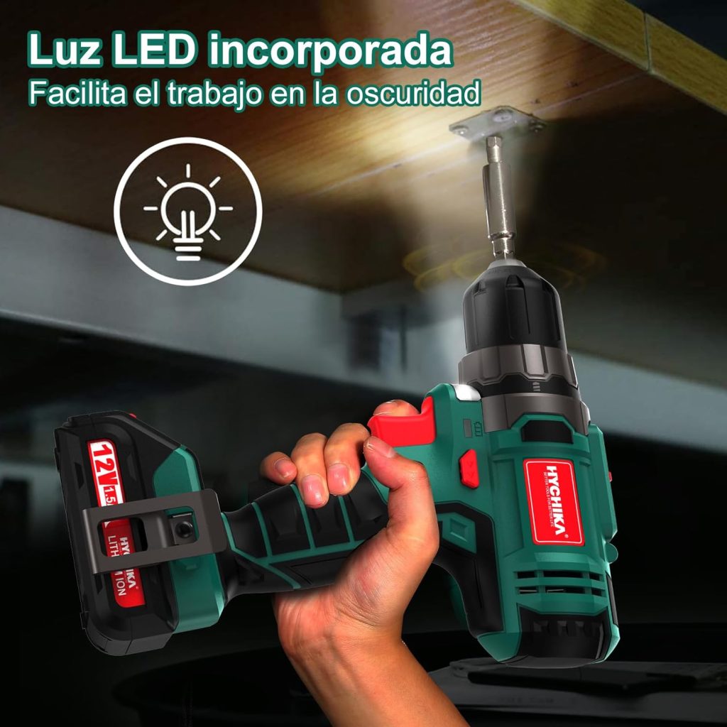 Taladro Atornillador 12V, HYCHIKA Destornillador Eléctrico, 30N.m Atornillador Eléctrico, 21+1 Ajustes Par, 2 Velocidad ajustable, 27 Accesorios, Luz LED, Atornillador a Batería, Cargador Rápido