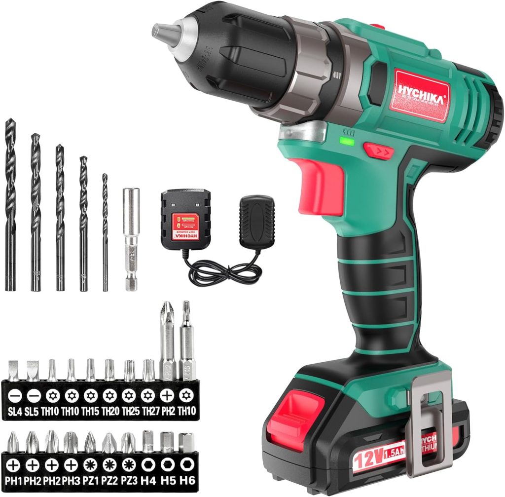 Taladro Atornillador 12V, HYCHIKA Destornillador Eléctrico, 30N.m Atornillador Eléctrico, 21+1 Ajustes Par, 2 Velocidad ajustable, 27 Accesorios, Luz LED, Atornillador a Batería, Cargador Rápido