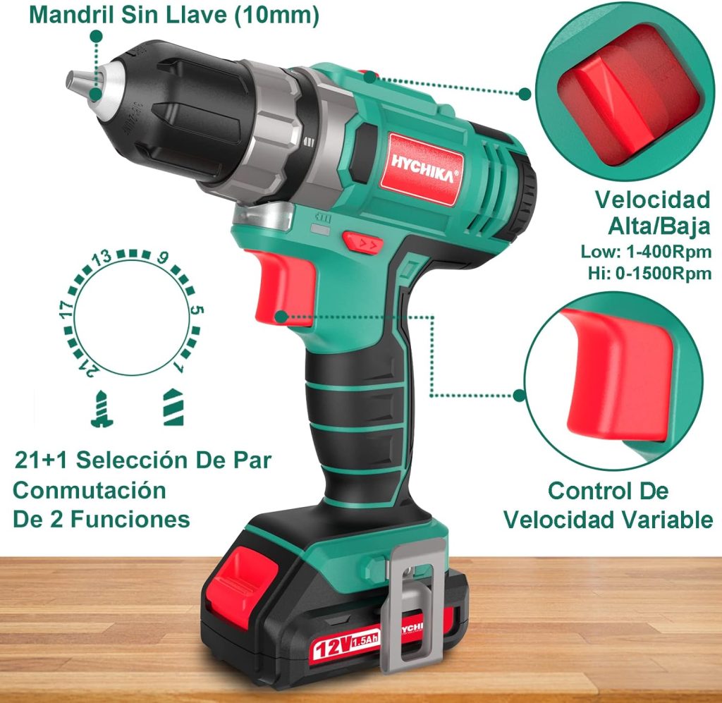 Taladro Atornillador 12V, HYCHIKA Destornillador Eléctrico, 30N.m Atornillador Eléctrico, 21+1 Ajustes Par, 2 Velocidad ajustable, 27 Accesorios, Luz LED, Atornillador a Batería, Cargador Rápido