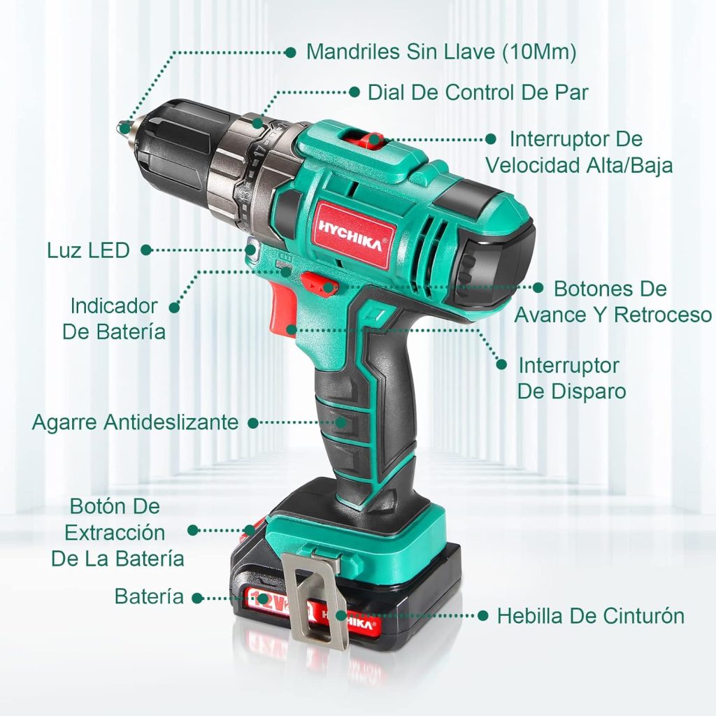 Taladro Atornillador 12V, HYCHIKA Destornillador Eléctrico, 30N.m Atornillador Eléctrico, 21+1 Ajustes Par, 2 Velocidad ajustable, 27 Accesorios, Luz LED, Atornillador a Batería, Cargador Rápido