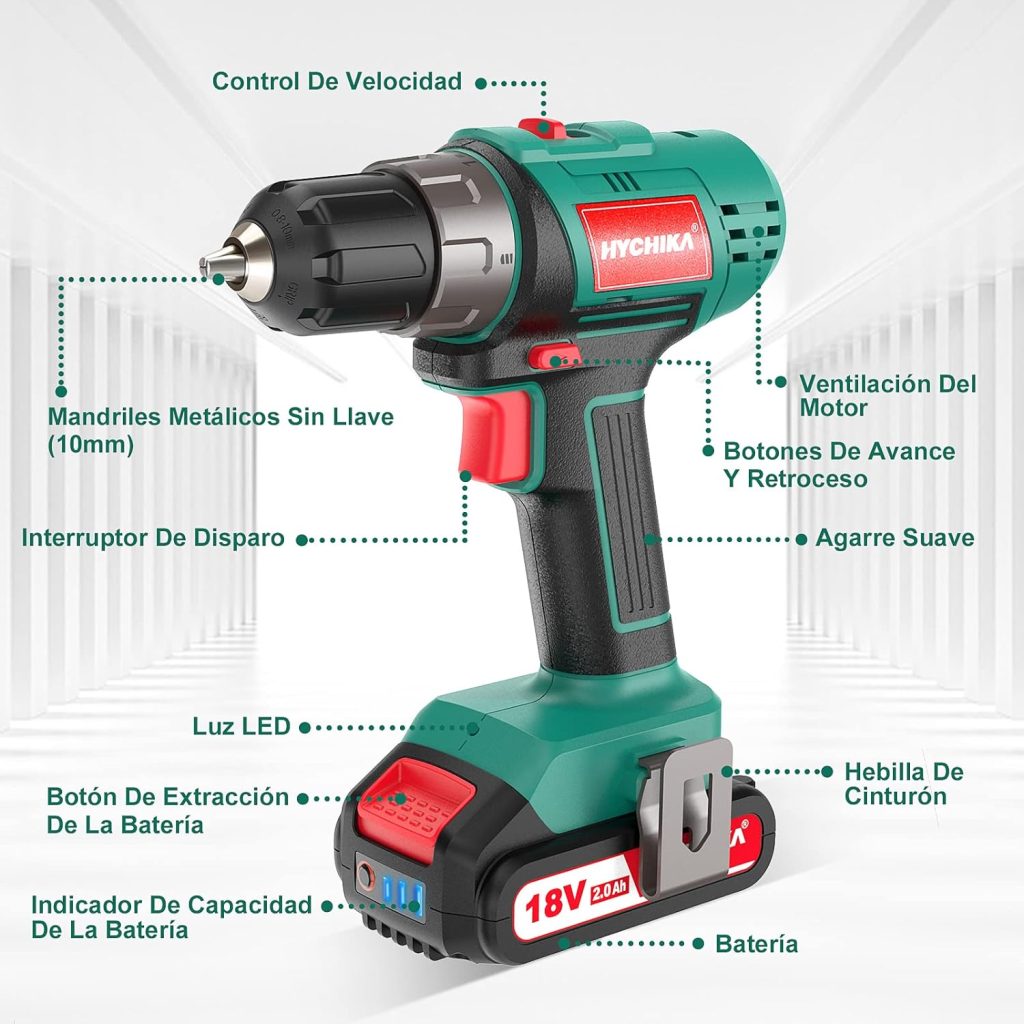 Taladro Atornillador, HYCHIKA Destornillador Inalámbrico de 18V, Atornillador Eléctrico de 2 Velocidades 35Nm, Batería de Litio 2,0 Ah, Carga Rápida en 1 Hora, 22 Accesorios Incluidos