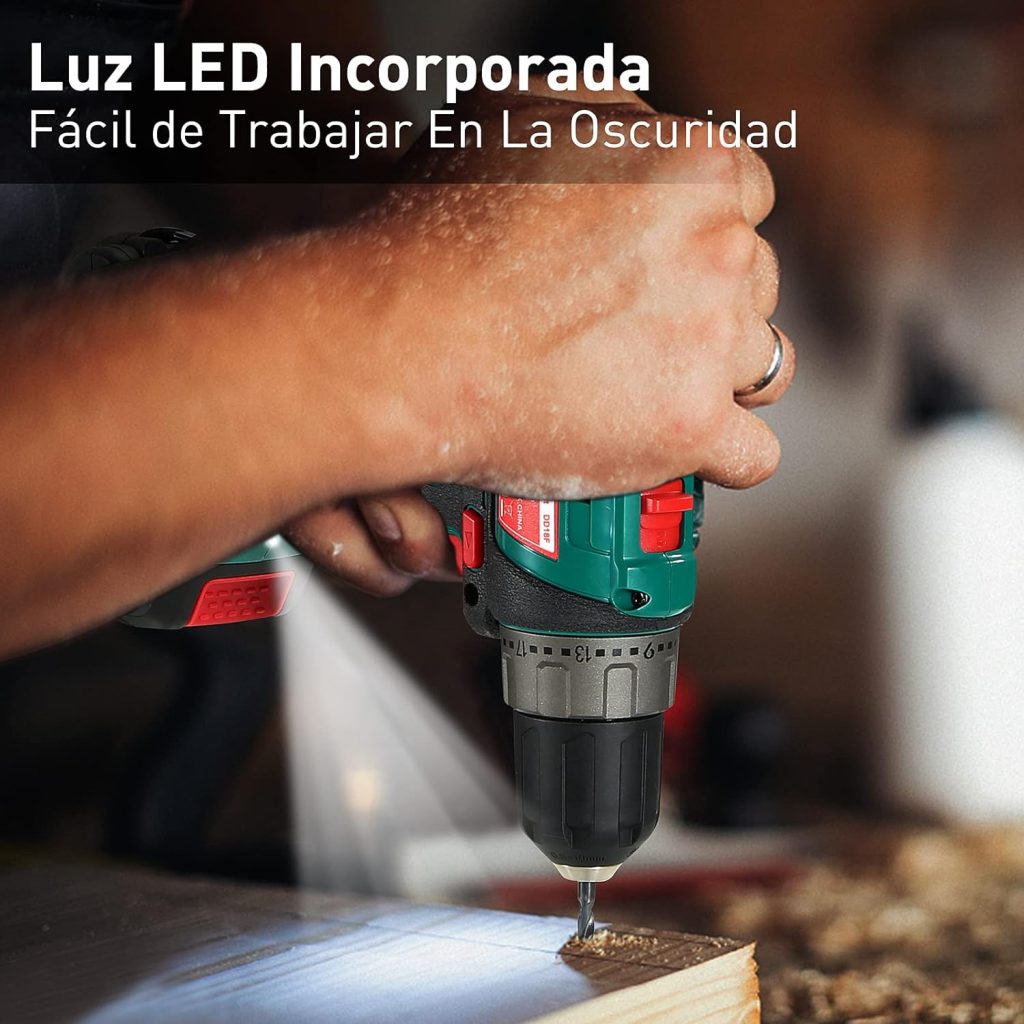 Taladro Atornillador, HYCHIKA Destornillador Inalámbrico de 18V, Atornillador Eléctrico de 2 Velocidades 35Nm, Batería de Litio 2,0 Ah, Carga Rápida en 1 Hora, 22 Accesorios Incluidos