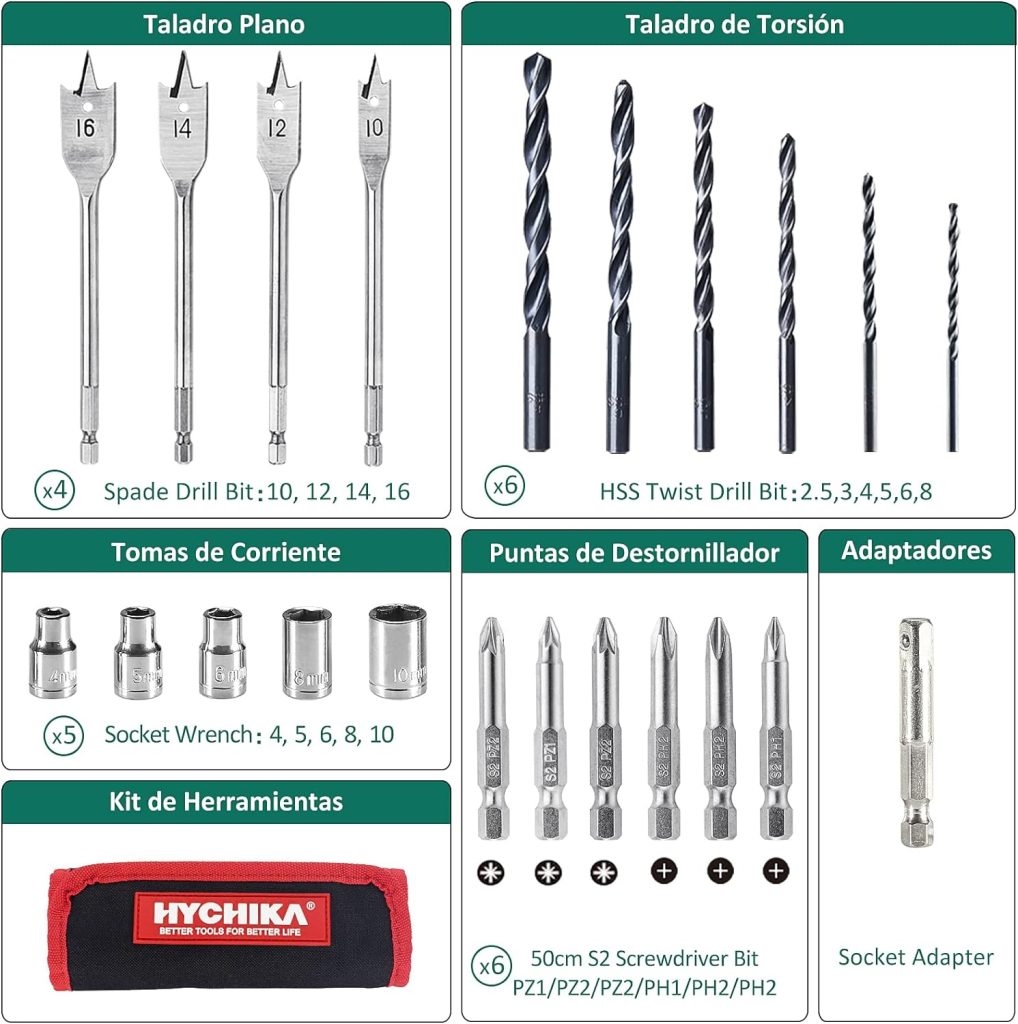 Taladro Atornillador, HYCHIKA Destornillador Inalámbrico de 18V, Atornillador Eléctrico de 2 Velocidades 35Nm, Batería de Litio 2,0 Ah, Carga Rápida en 1 Hora, 22 Accesorios Incluidos