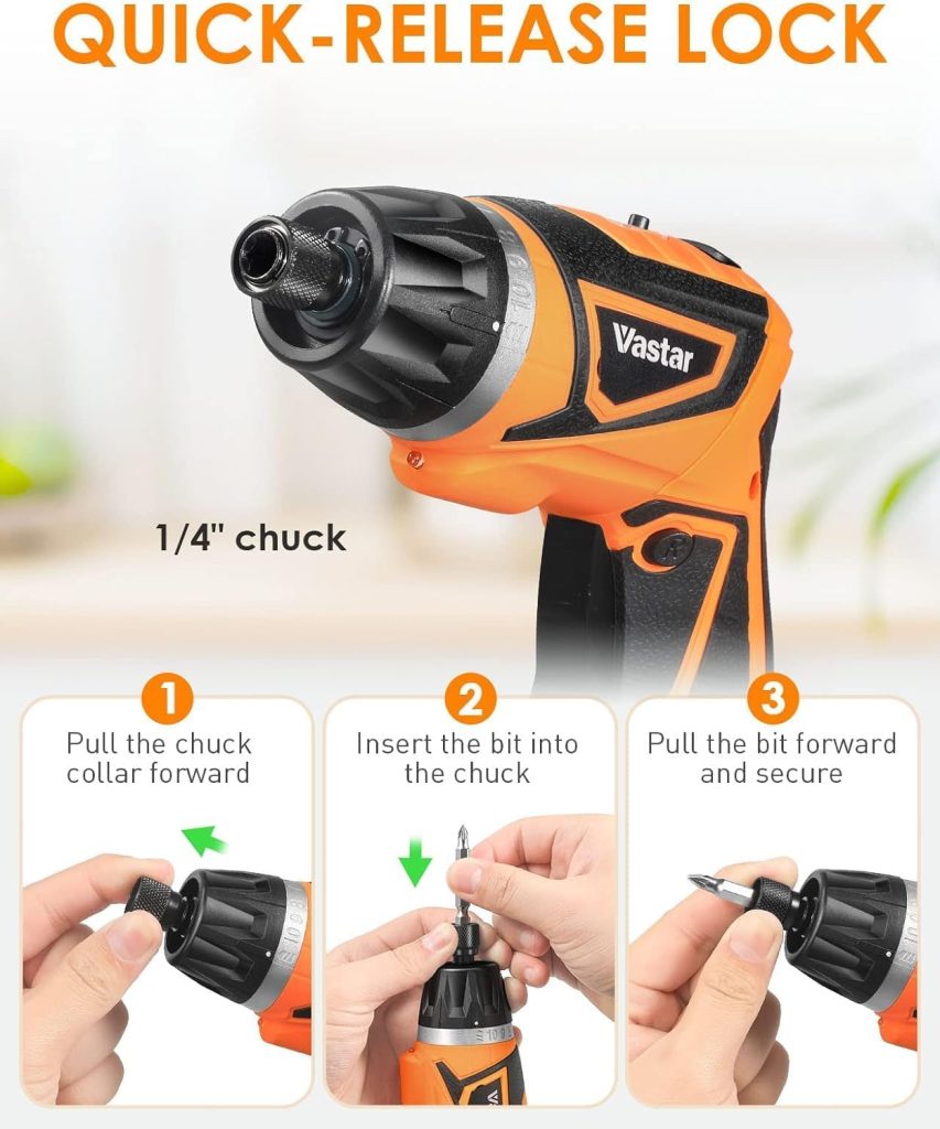 Vastar 7.2V Destornillador Sin Cable, Juego de Destornillador Eléctrico con Batería Recargable y Mango Pivotante, 320RPM/10+1 Torque Pequeño Kit de Destornillador Automático con 47Pcs Bits/LED Luz