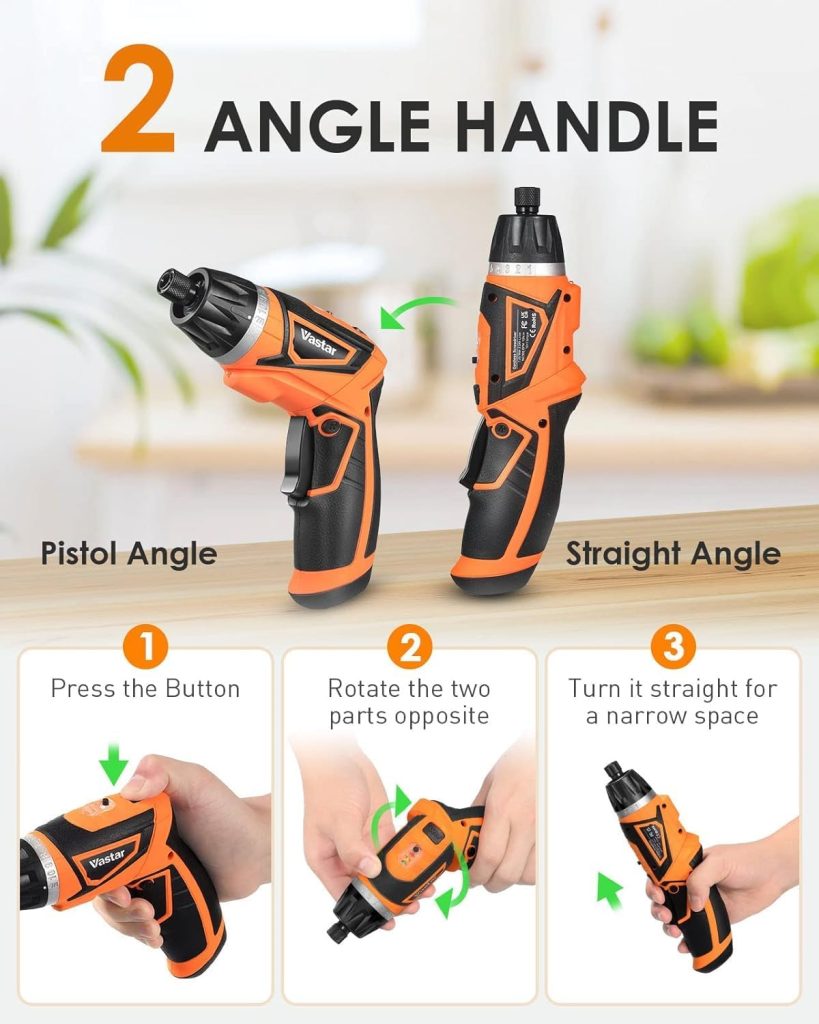 Vastar 7.2V Destornillador Sin Cable, Juego de Destornillador Eléctrico con Batería Recargable y Mango Pivotante, 320RPM/10+1 Torque Pequeño Kit de Destornillador Automático con 47Pcs Bits/LED Luz