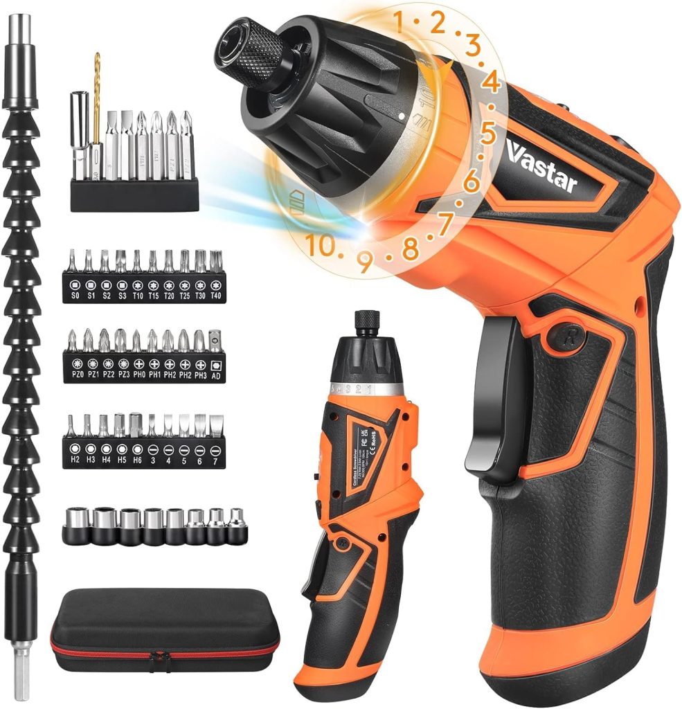 Vastar 7.2V Destornillador Sin Cable, Juego de Destornillador Eléctrico con Batería Recargable y Mango Pivotante, 320RPM/10+1 Torque Pequeño Kit de Destornillador Automático con 47Pcs Bits/LED Luz